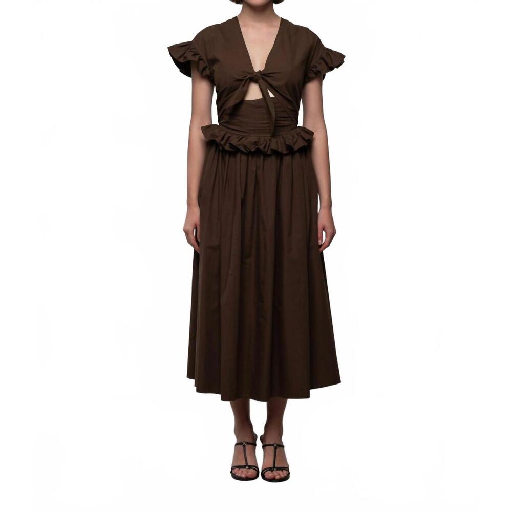 NEW ESTHE tiered cotton bow maxi dress in brown